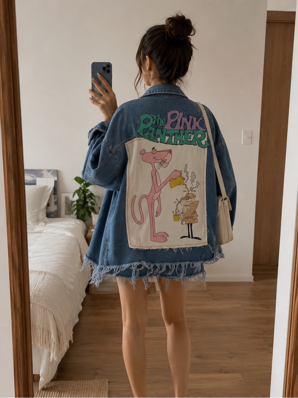 Zara Pink Panther Graphic Denim Jacket Frayed Oversized Jean Jacket Size S-M